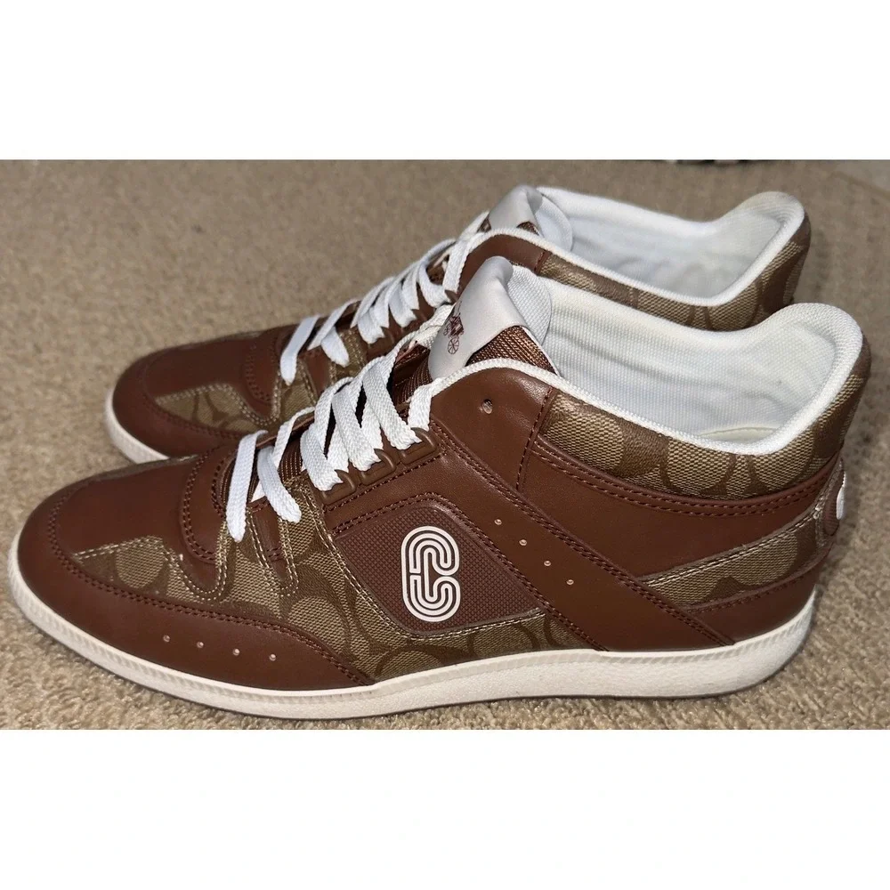 Coach Mens Signature Monogram Leather Low Top Sneakers Brown White Size 11